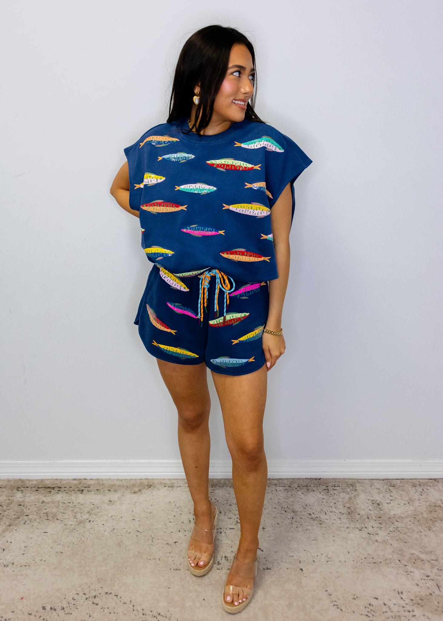 Navy Multi Fish Tie Shorts