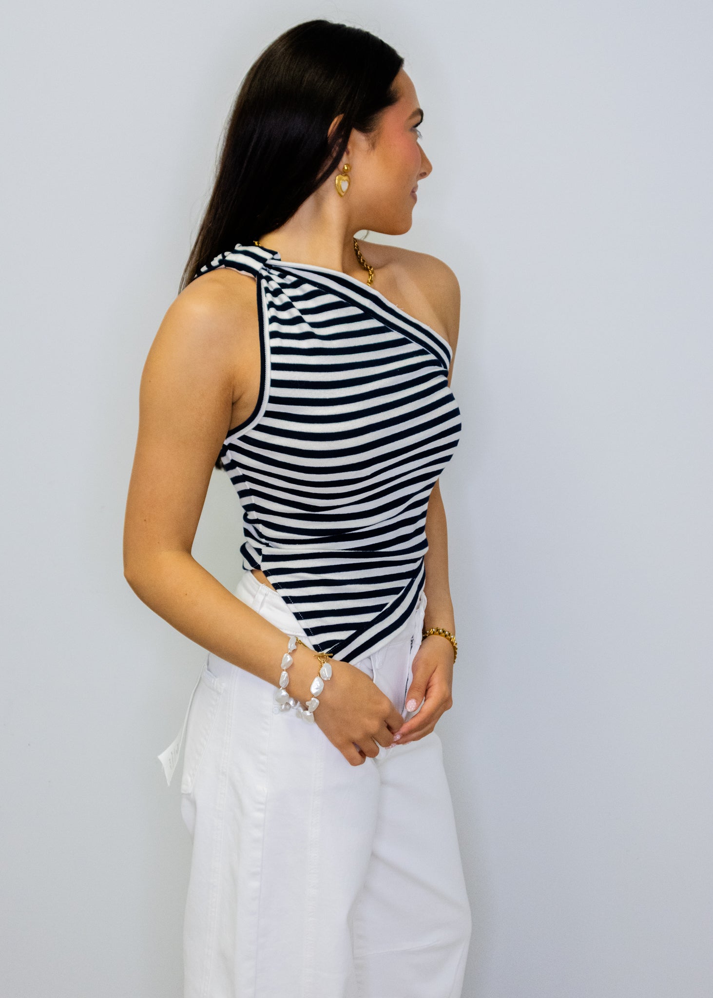 Navy Stripe One Shoulder Crop Top