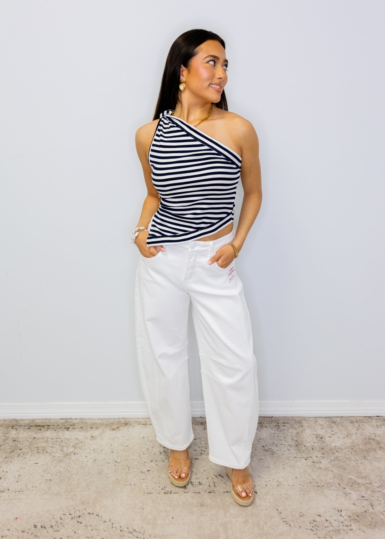 Navy Stripe One Shoulder Crop Top