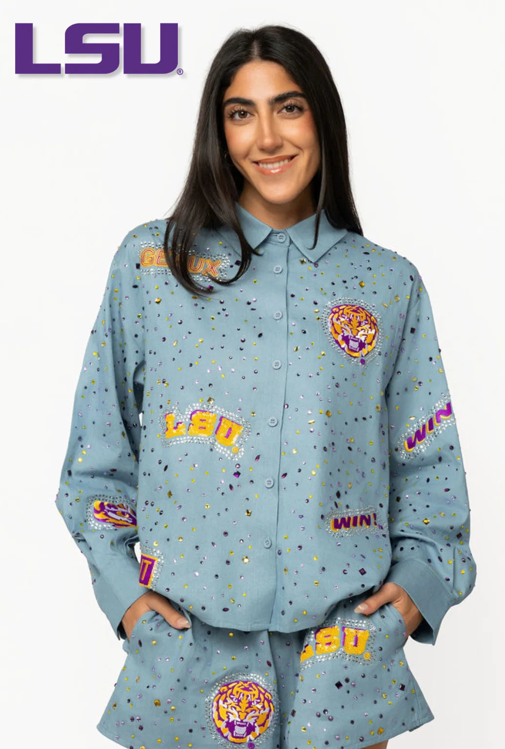 Licensed LSU Denim Multi Rhinestone Scattered Logo Button Up Long Sleeve Top