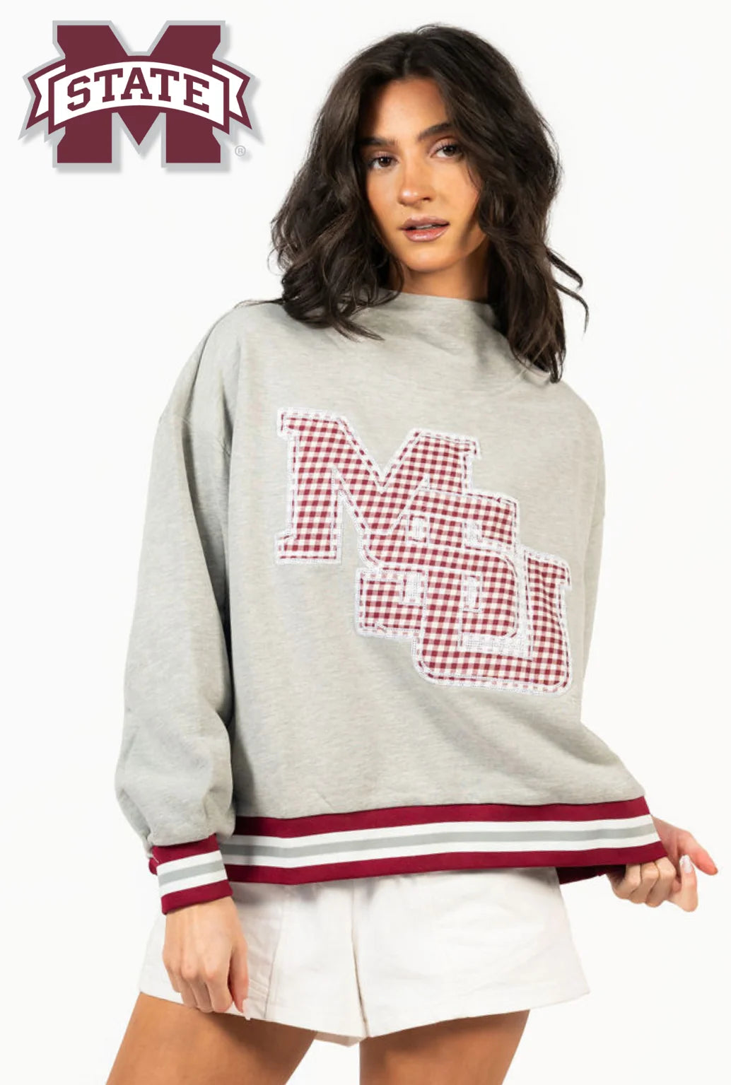 Licensed Miss State Grey Gingham Mascot Mock Neck Sweatshirt