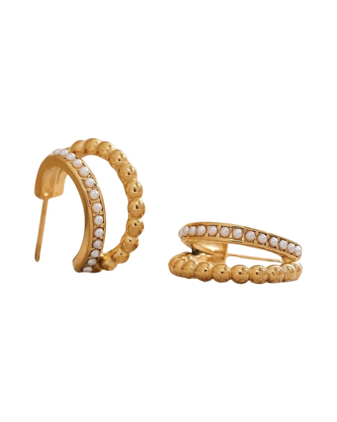 Gold Double Pearl Beaded Hoops Earrings