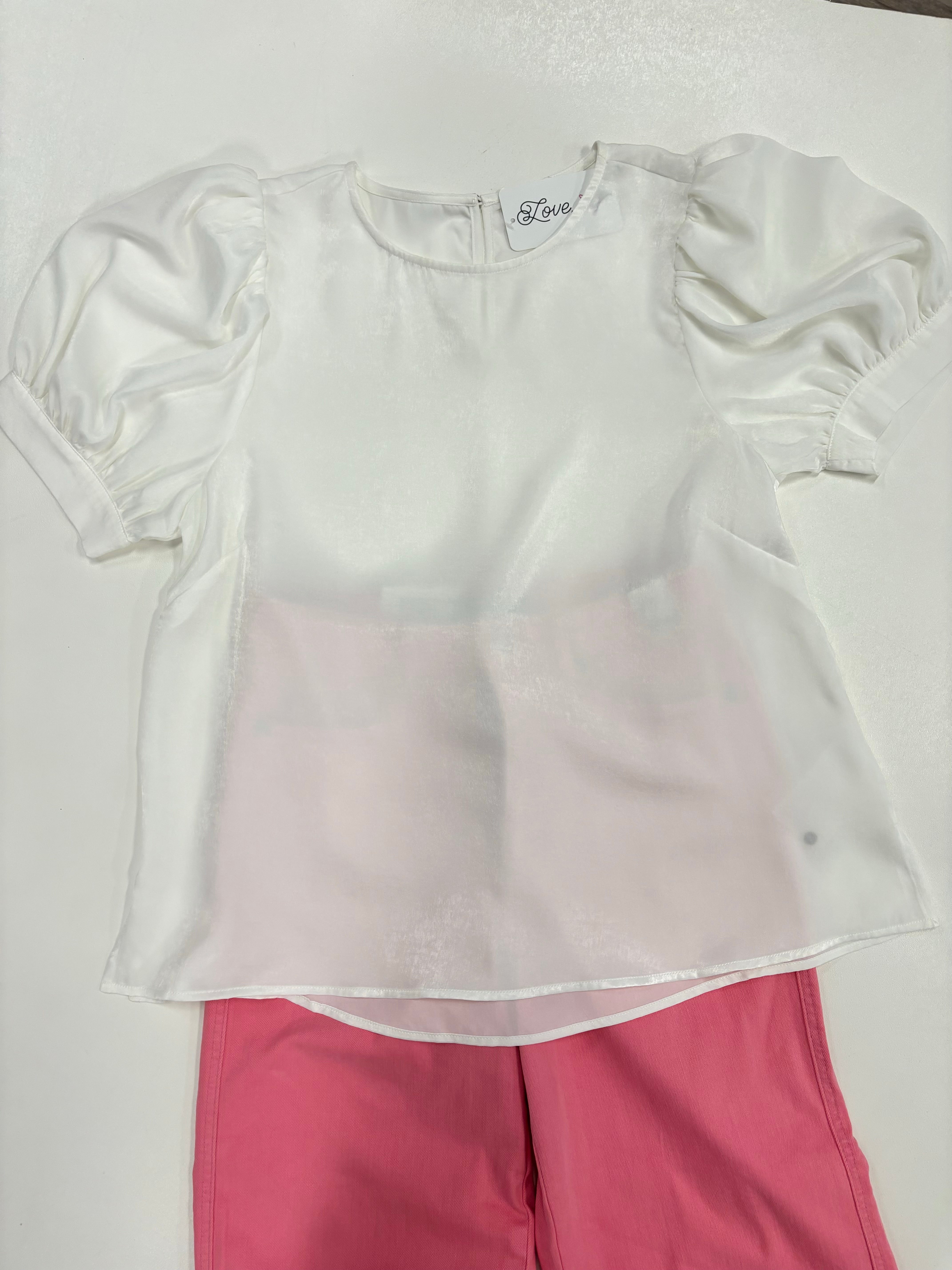 White Solid Glossy Puff Sleeve Top