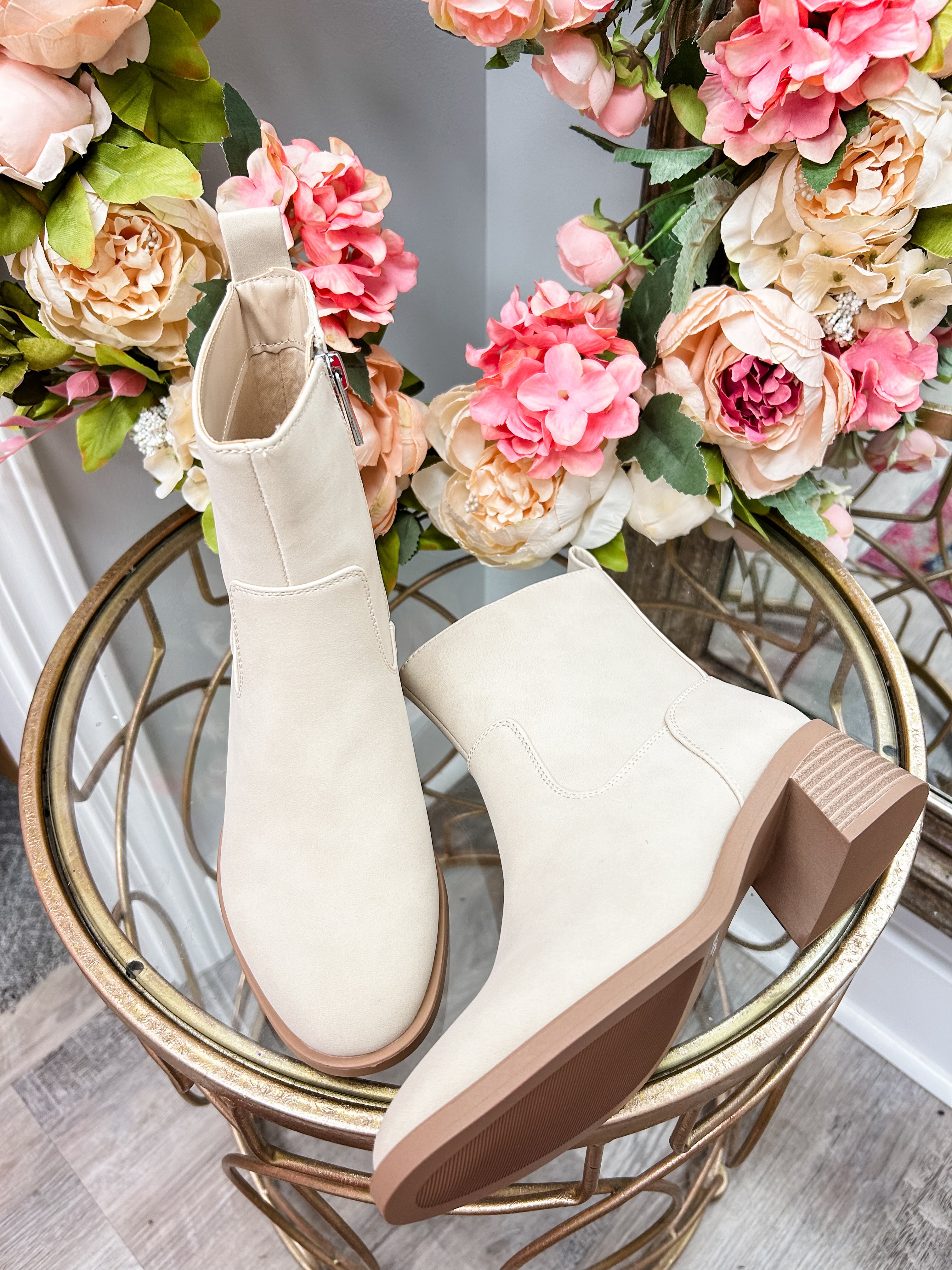 Beige Pull On Ankle Bootie