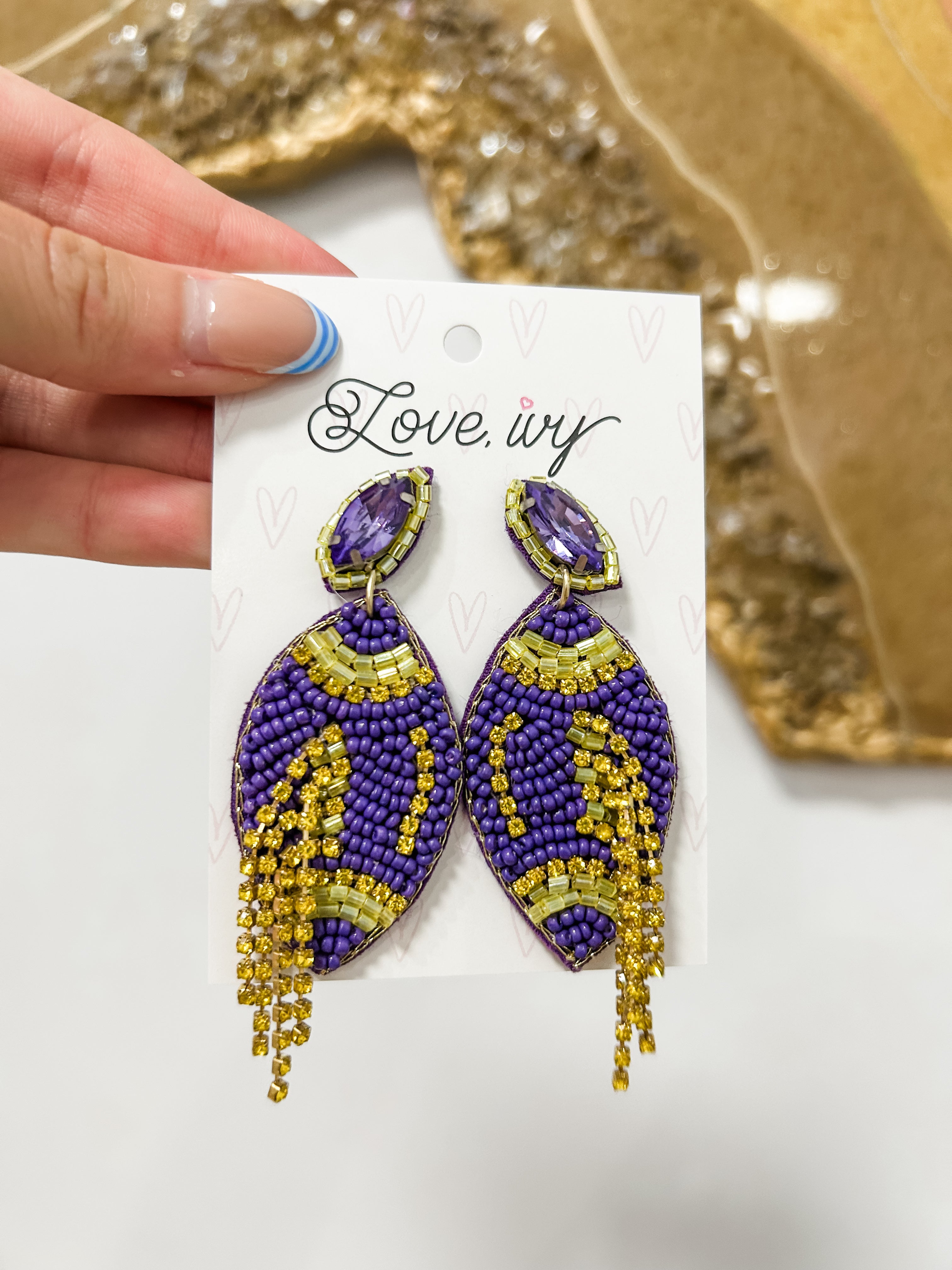 Purple & Gold Football Beaded Earrings