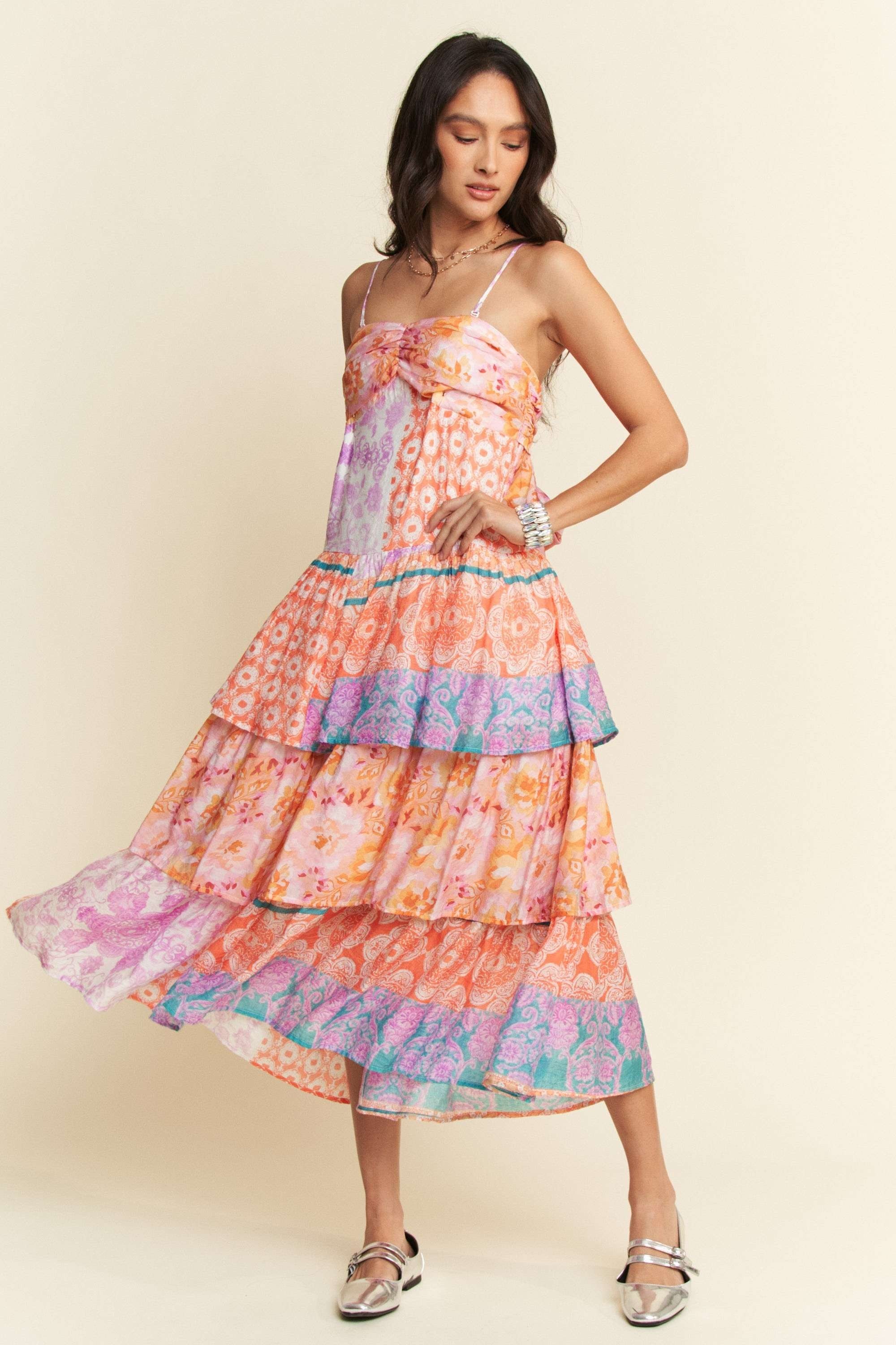 Orange Lavender Layered Ruffle Strap Midi Dress