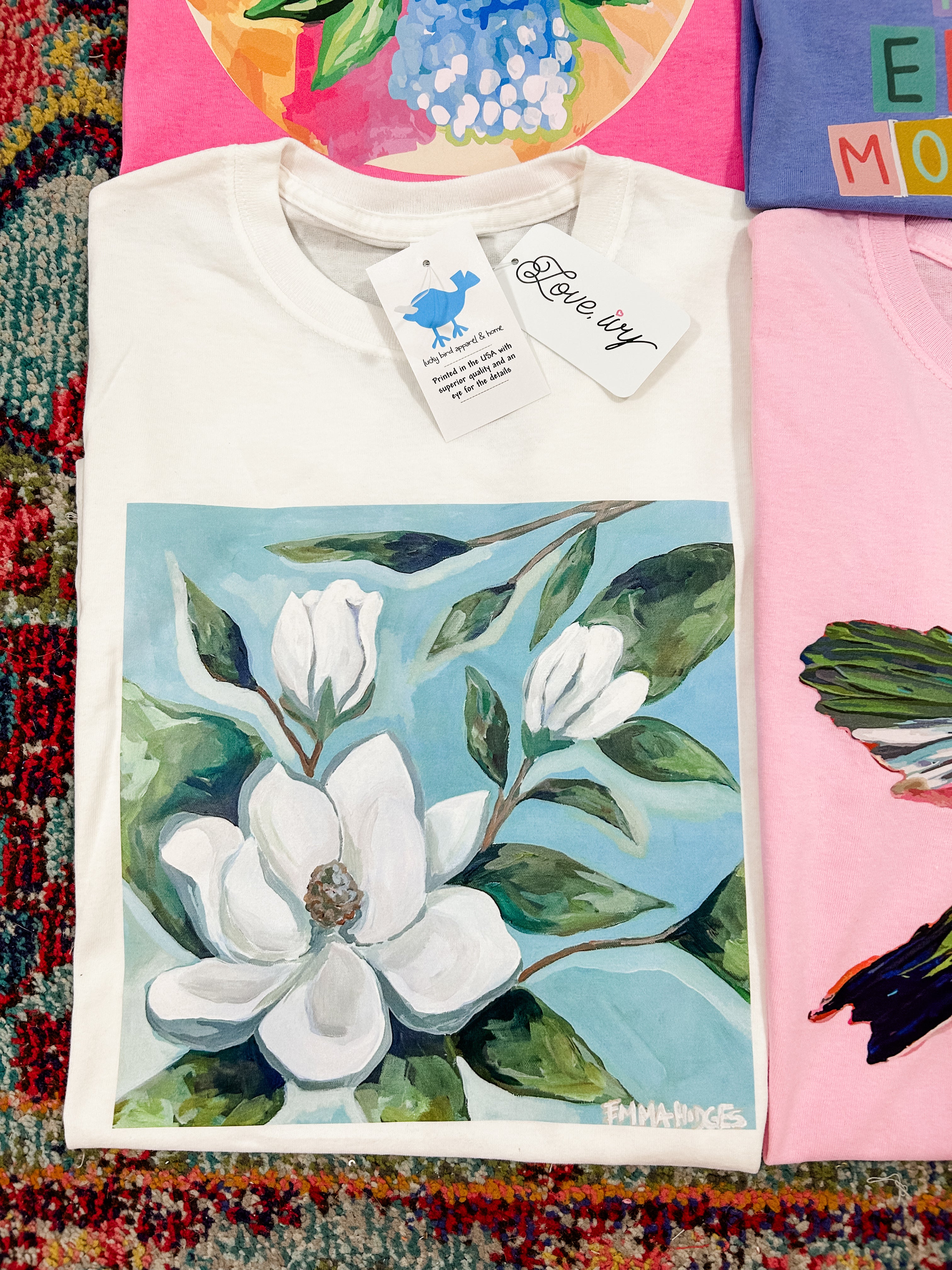 White Magnolia Branch Painted Tee