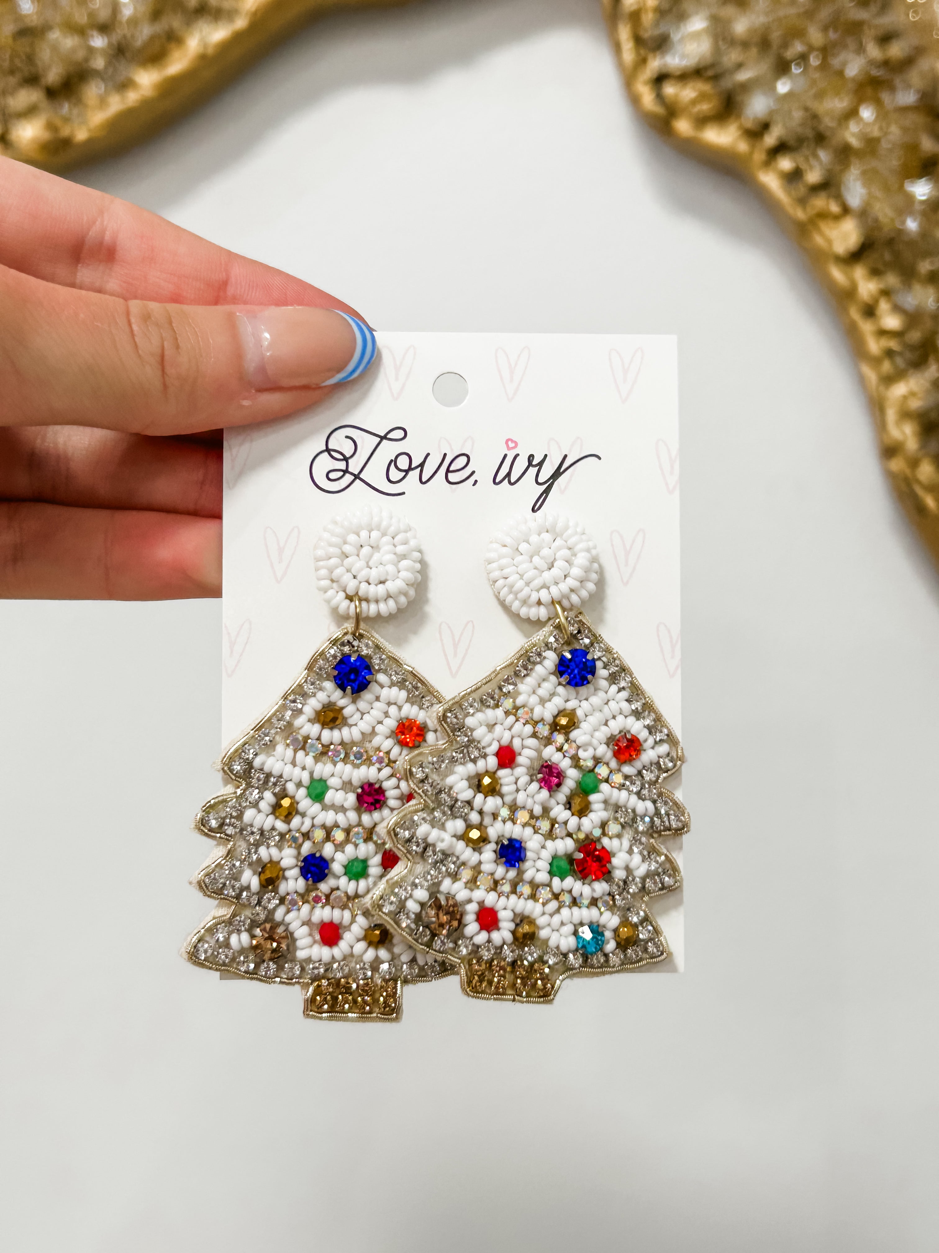 White Multi Beaded Christmas Tree Earrings