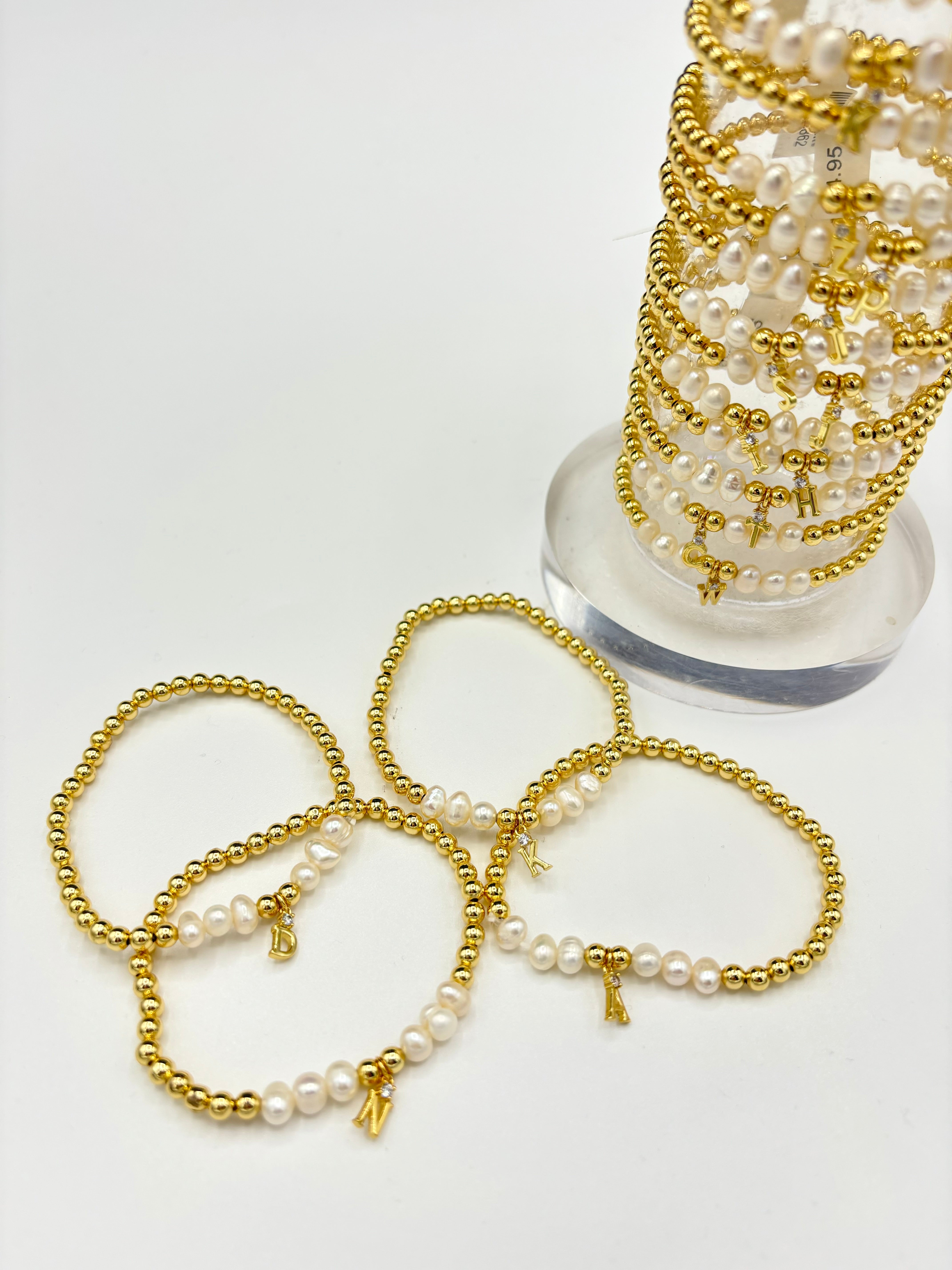 Gold Bead Pearls & Letter Stretch Bracelet