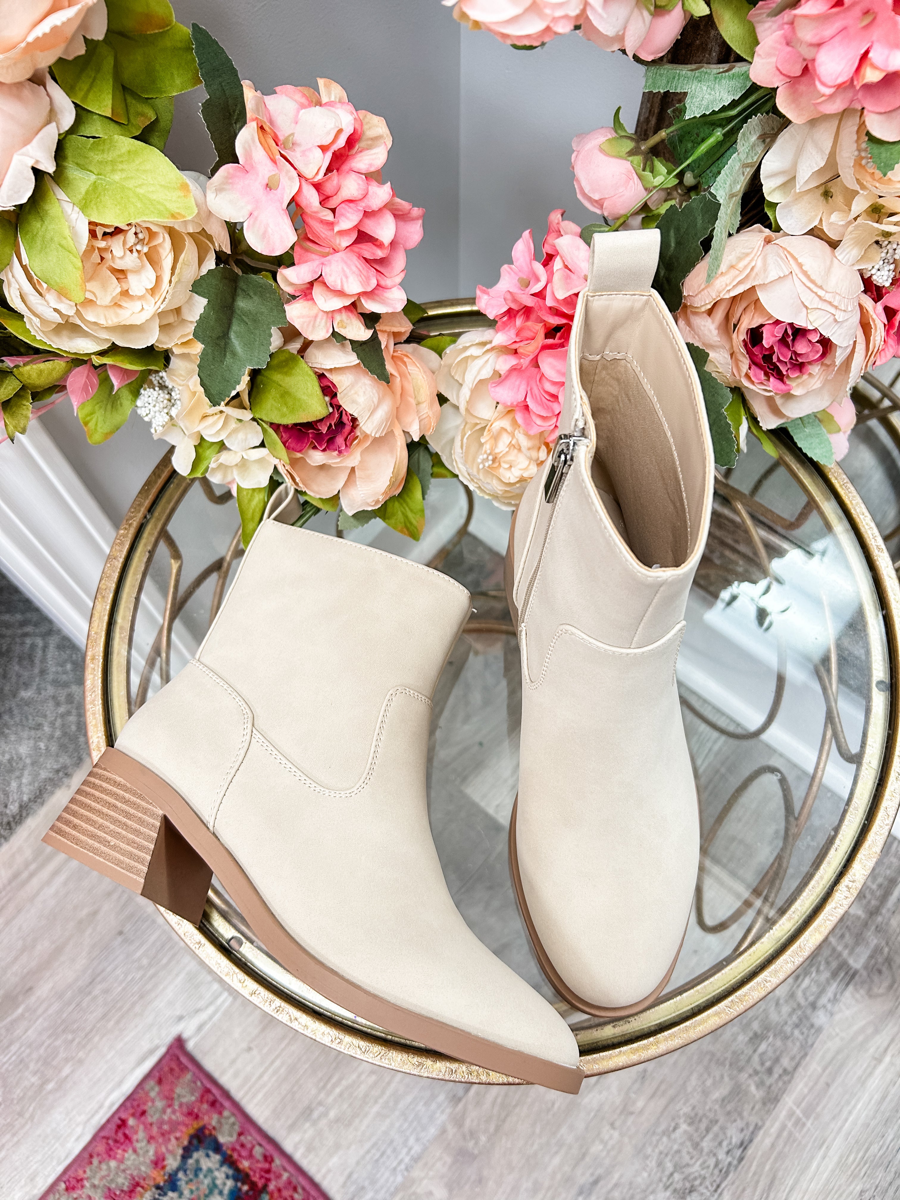 Beige Pull On Ankle Bootie