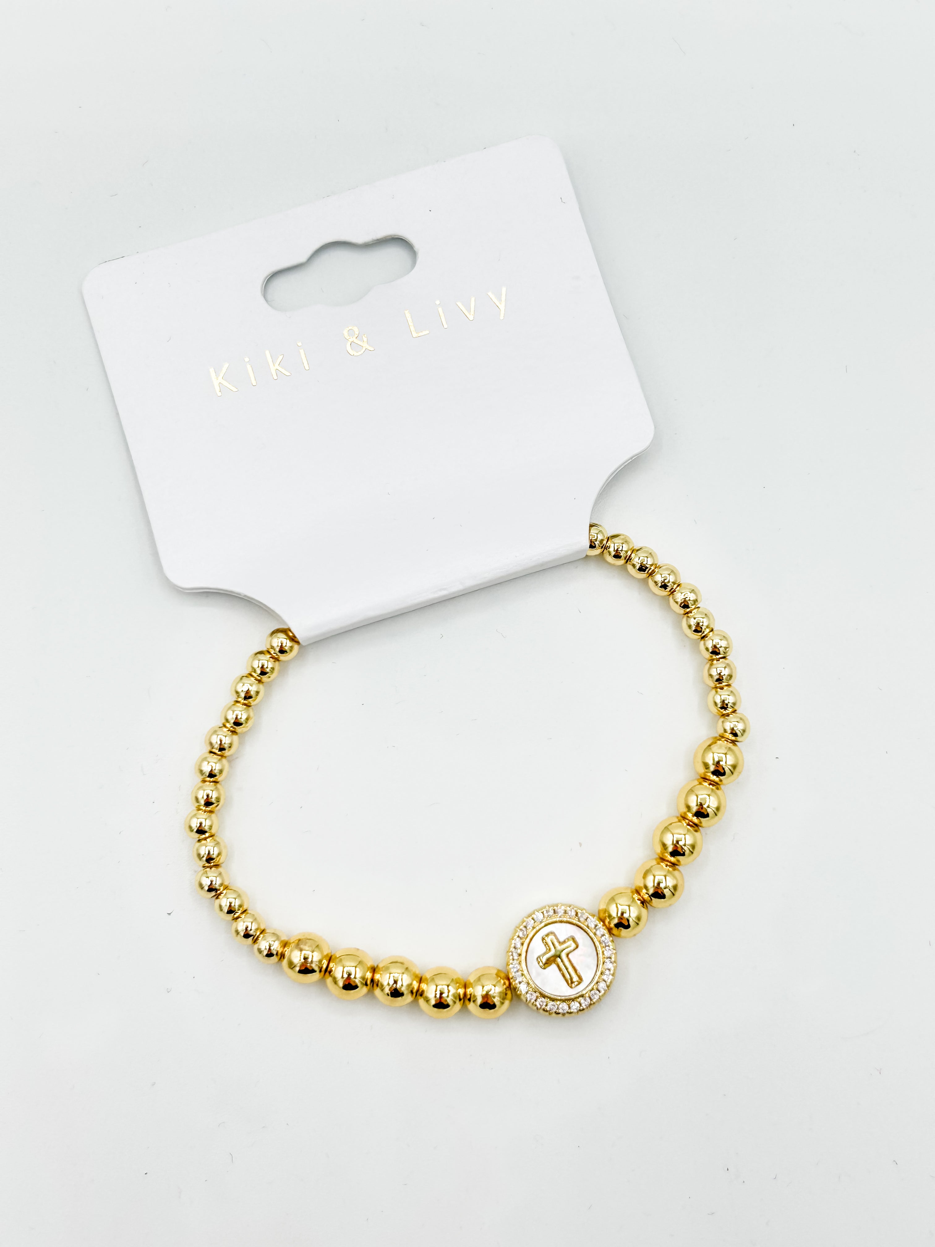 Gold Cross Round Beaded Bracelet