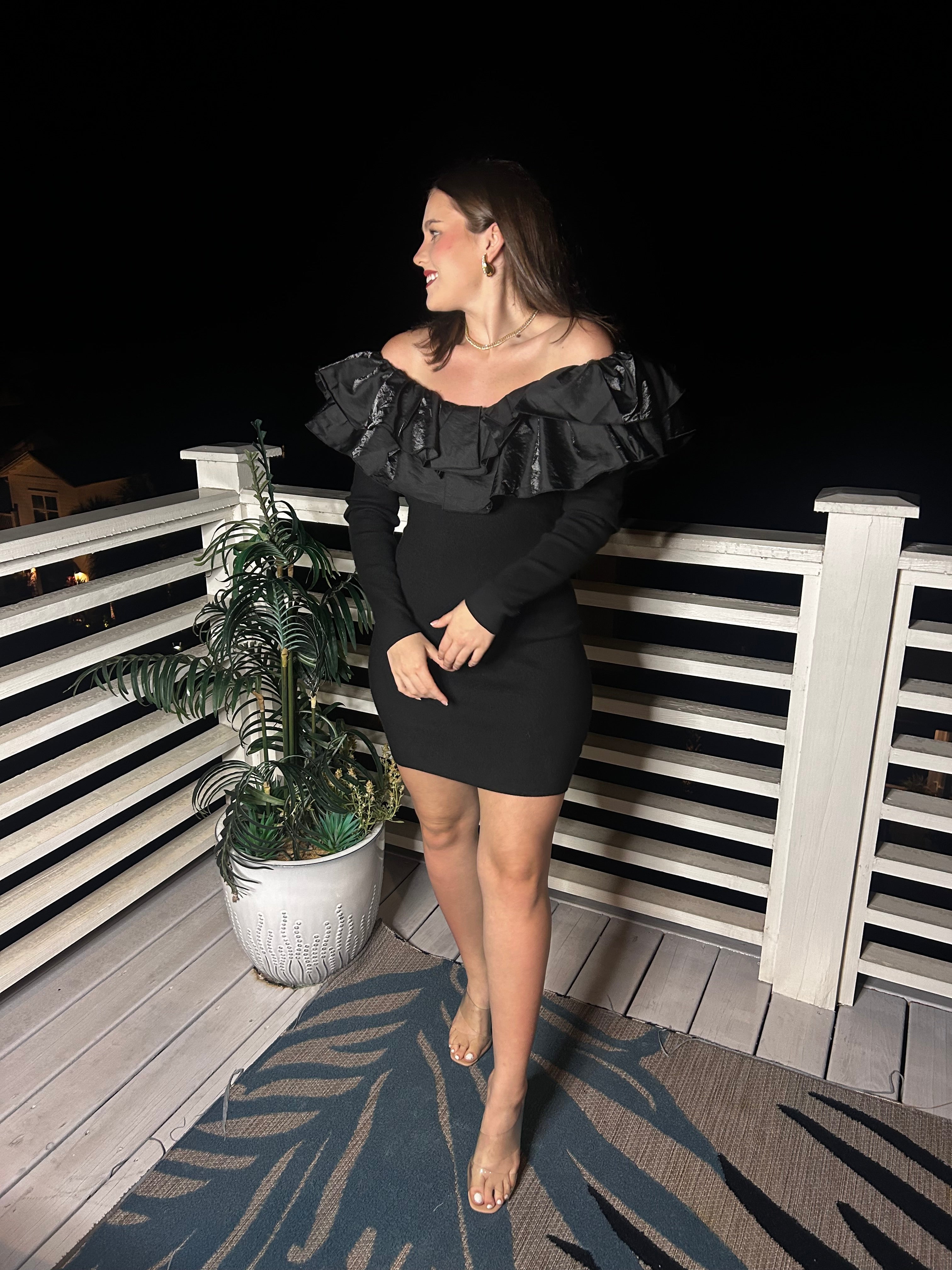 Black Ruffle Detail Sweater Mini Dress