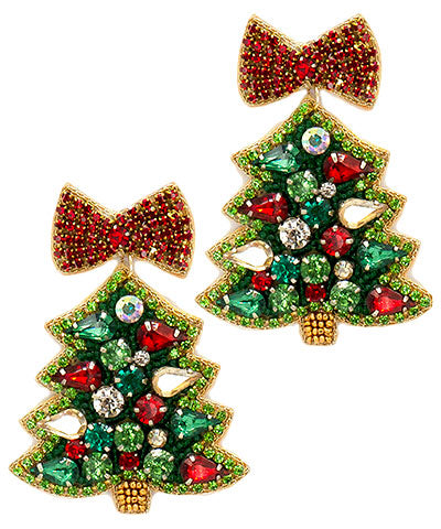 Rhinestone Christmas Tree Bow Earrings