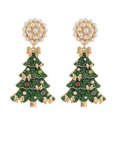 Christmas Tree Glitter Pearl Earrings