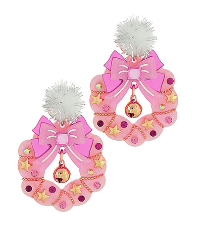 Pink Christmas Wreath Bow Earrings