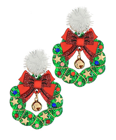 Green Christmas Wreath Bow Earrings