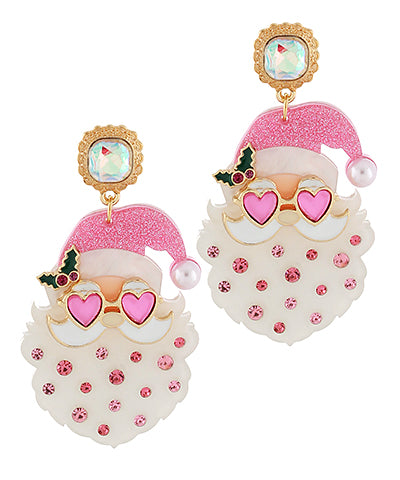 Pink Rhinestone Sunglass Santa Earrings