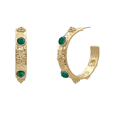 Dark Green Ball & Faceted Stone Hoops