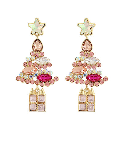 Pink Jeweled Christmas Tree Earrings