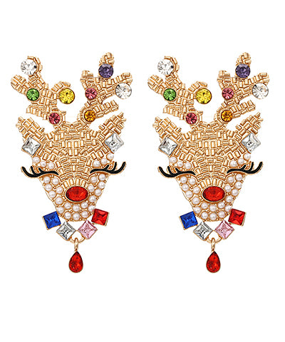 Gold Rhinestone Reindeer Earrings