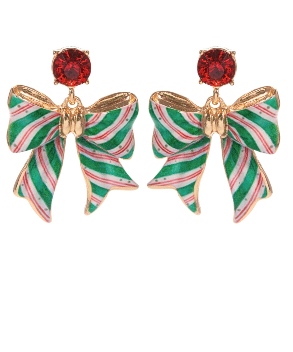 Green Stripe Christmas Bow Earrings