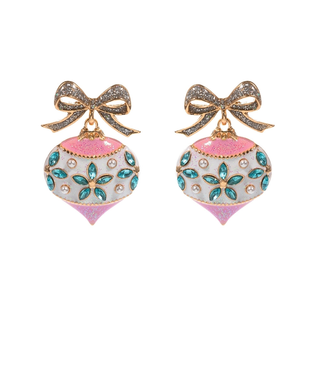 Pink Christmas Ornament Rhinestone Earrings