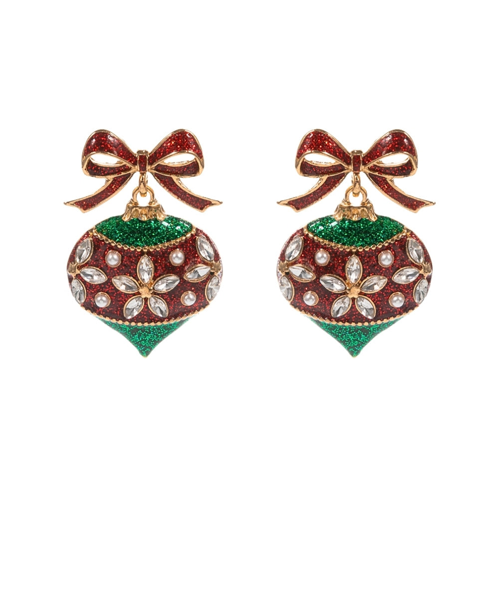 Red Christmas Ornament Rhinestone Earrings