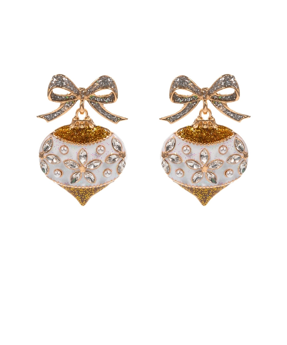 Gold Christmas Ornament Rhinestone Earrings