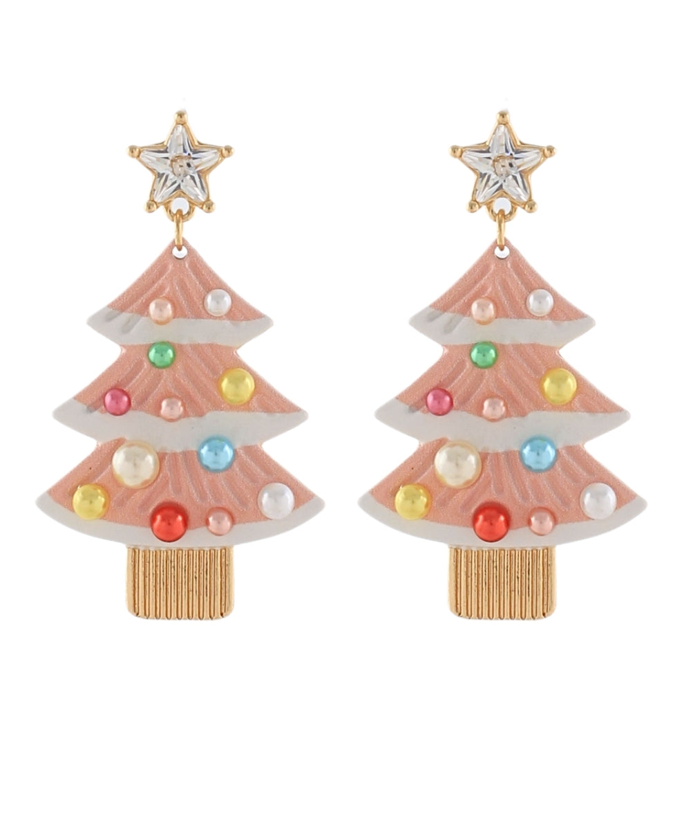 Pink Pearl Christmas Tree Earrings
