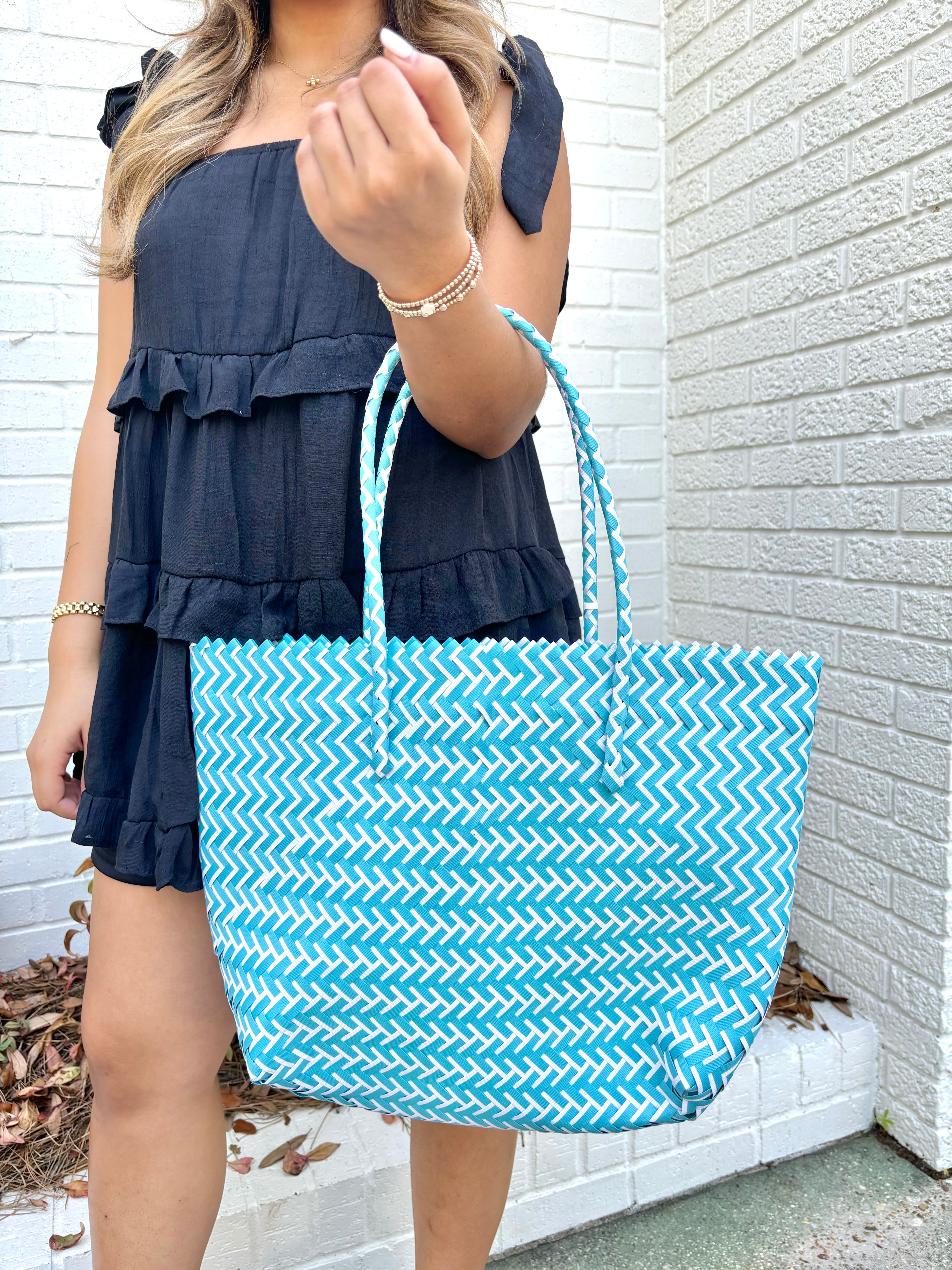 Blue Basket Weave Tote Bag