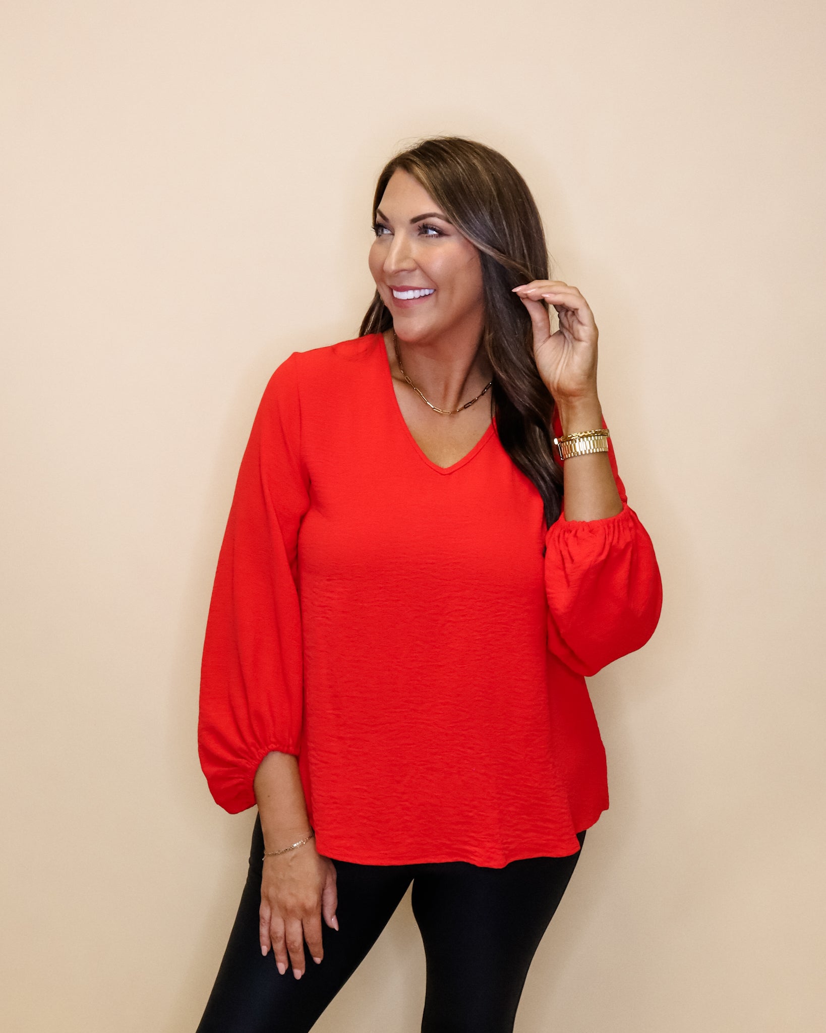 Red Solid Bubble Sleeve Top