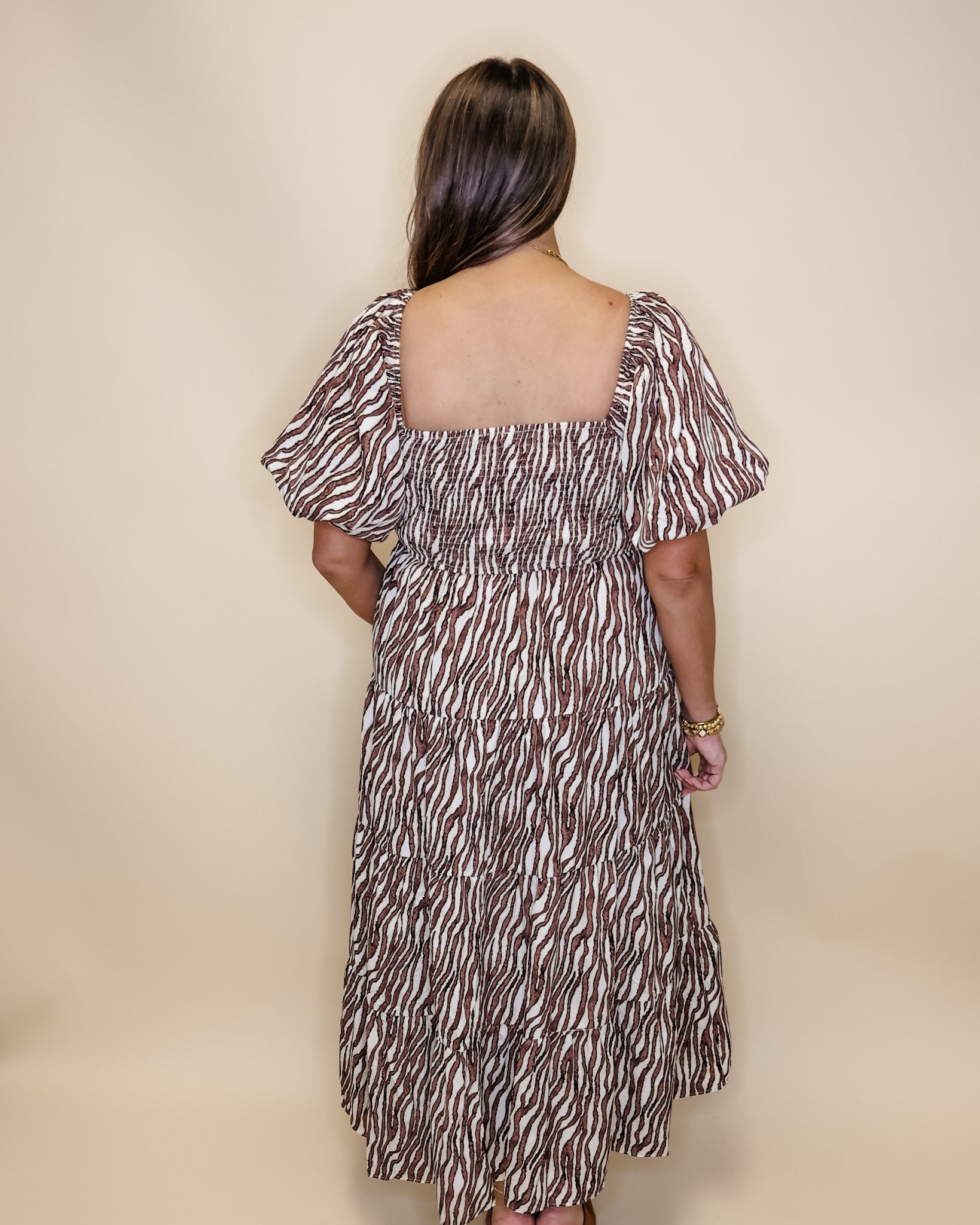 Brown Zebra Smocked Midi Dress