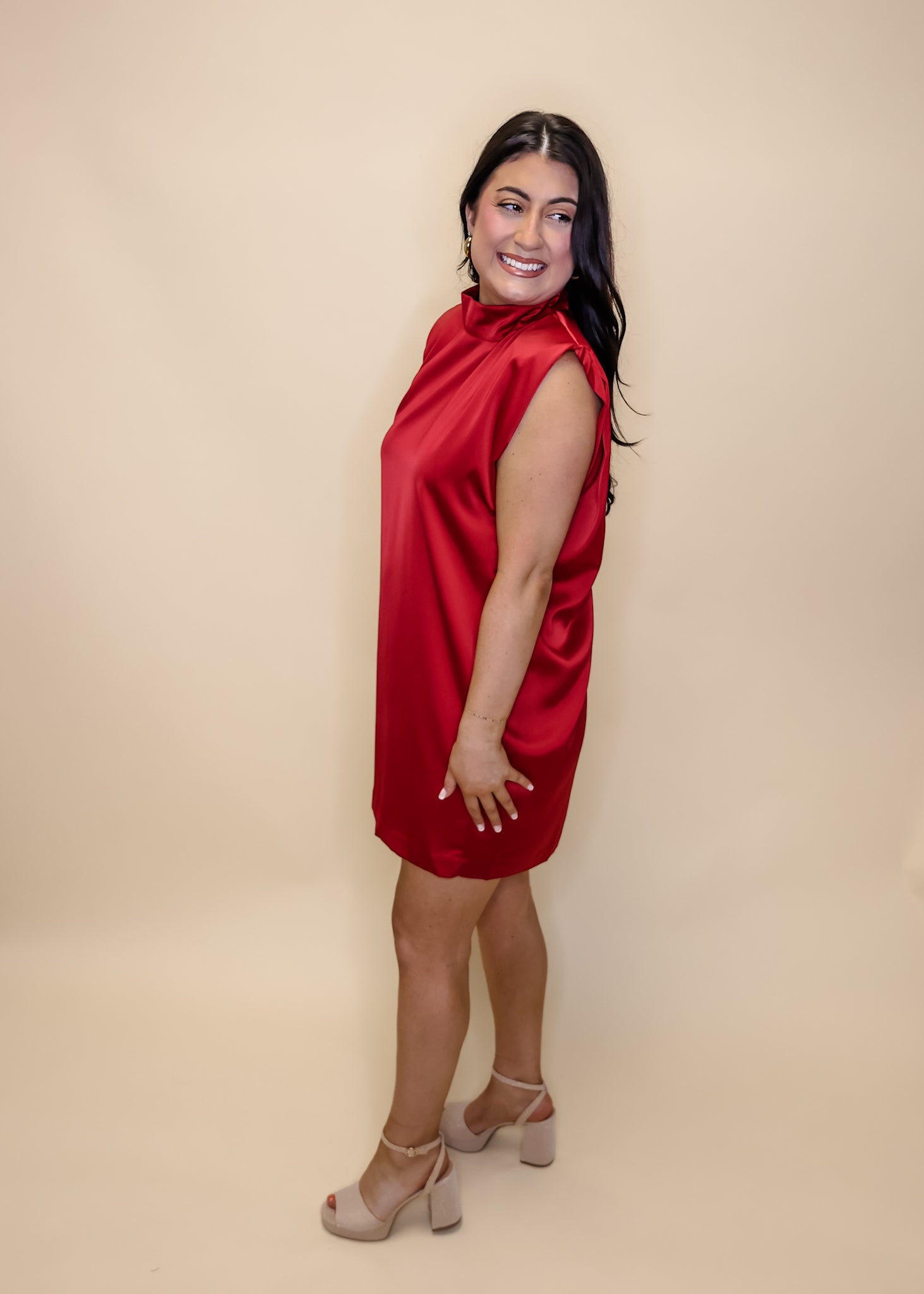 Red Satin High Neck Dress