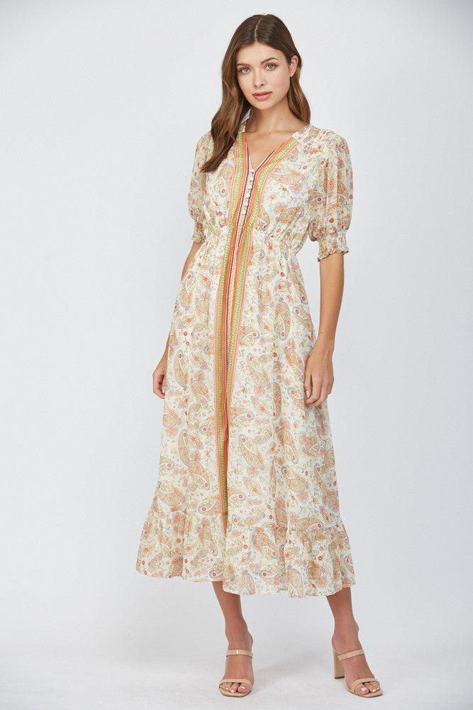 Cream Multi Print V-neck Maxi Dress
