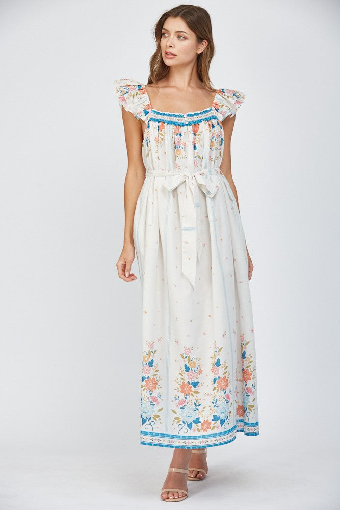 Floral Print Ruffle Shoulder Strap Maxi Dress