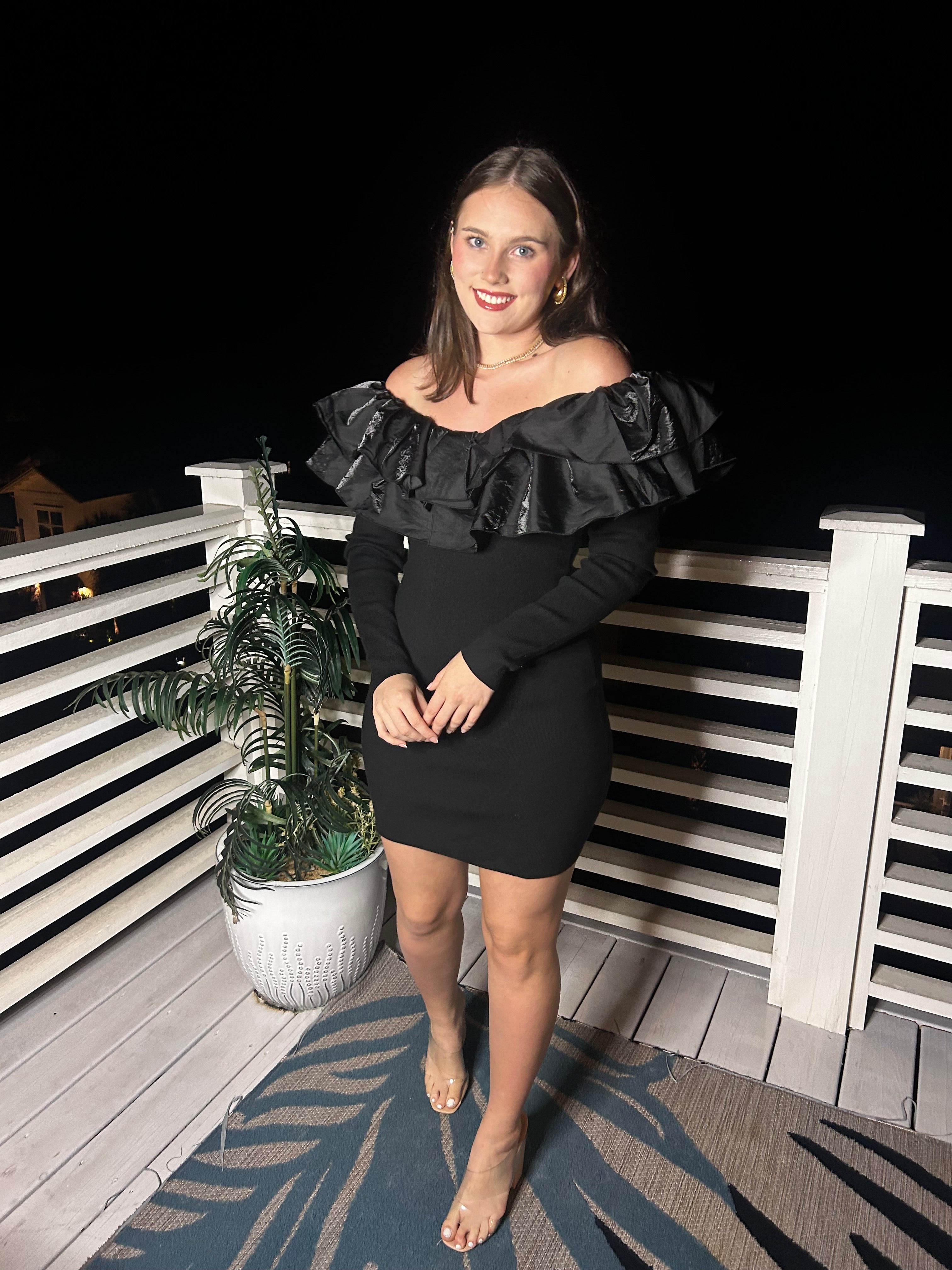 Black Ruffle Detail Sweater Mini Dress