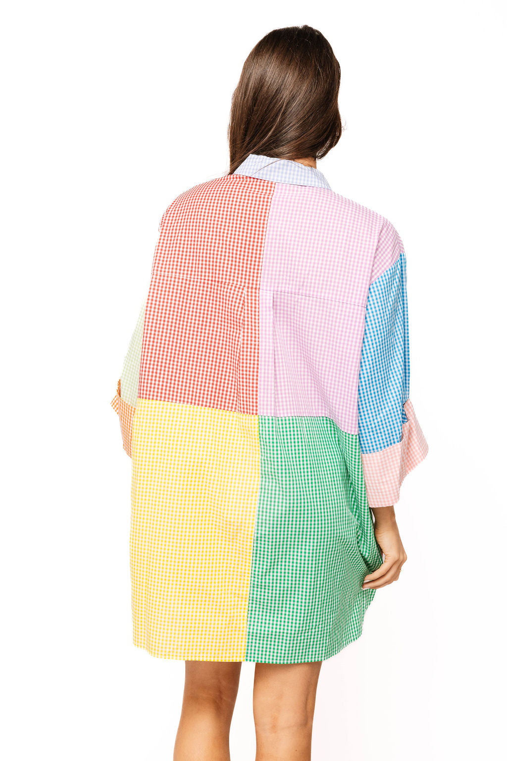 Colorblock Gingham Queen Card Logo Button Up Cotton Tunic