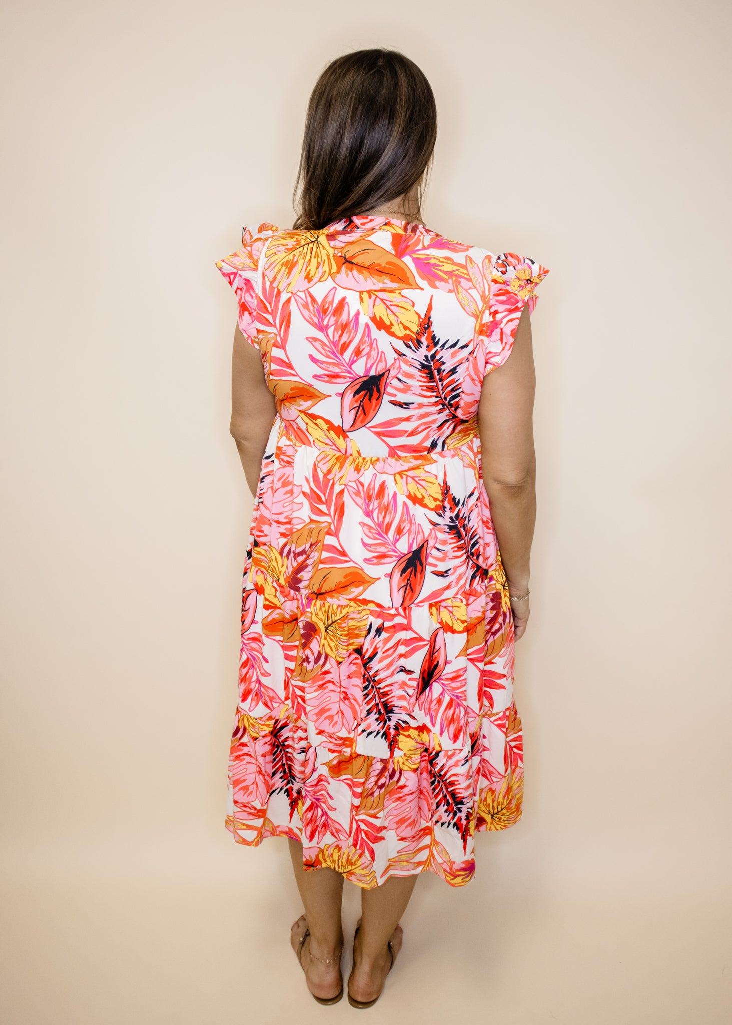 Coral Tropical Print Midi Dress