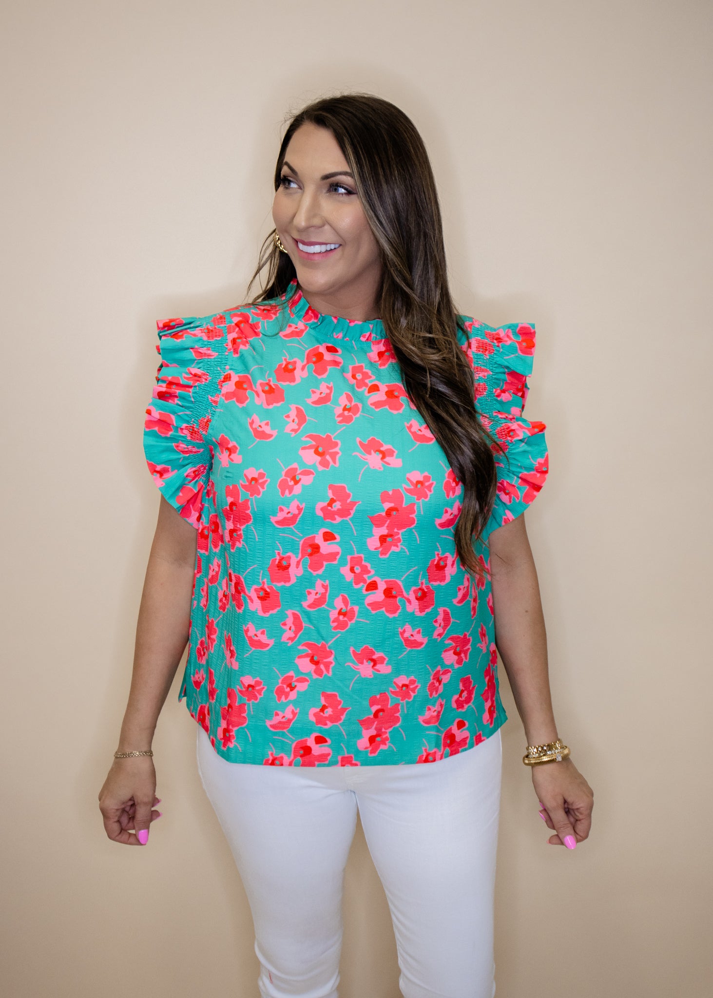 Teal Floral Frill Sleeve Top