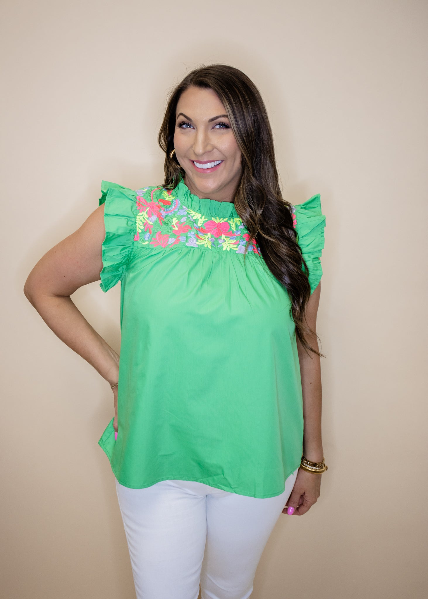 Green Floral Embroidered Top