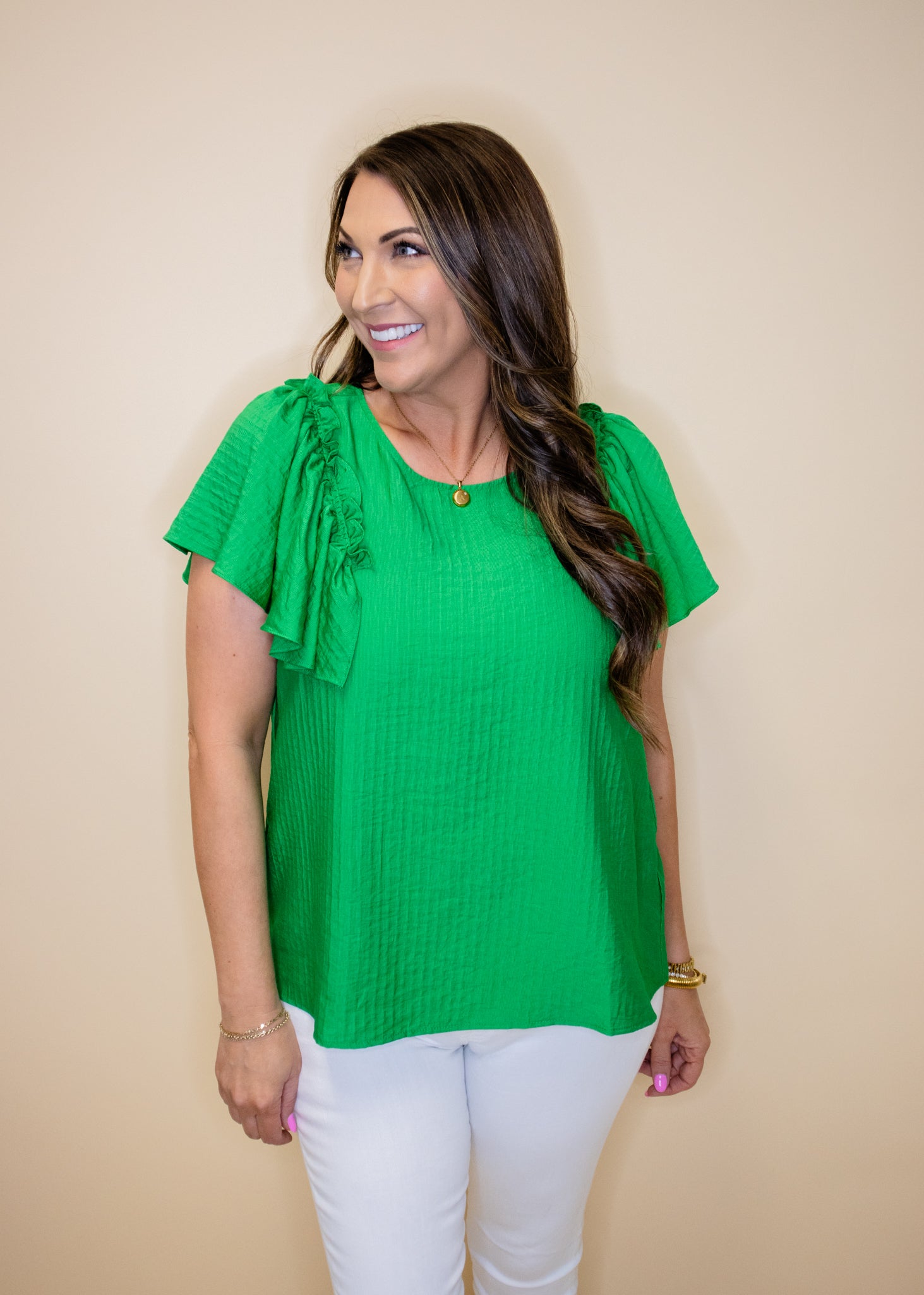 Kelly Green Solid Ruffle Top