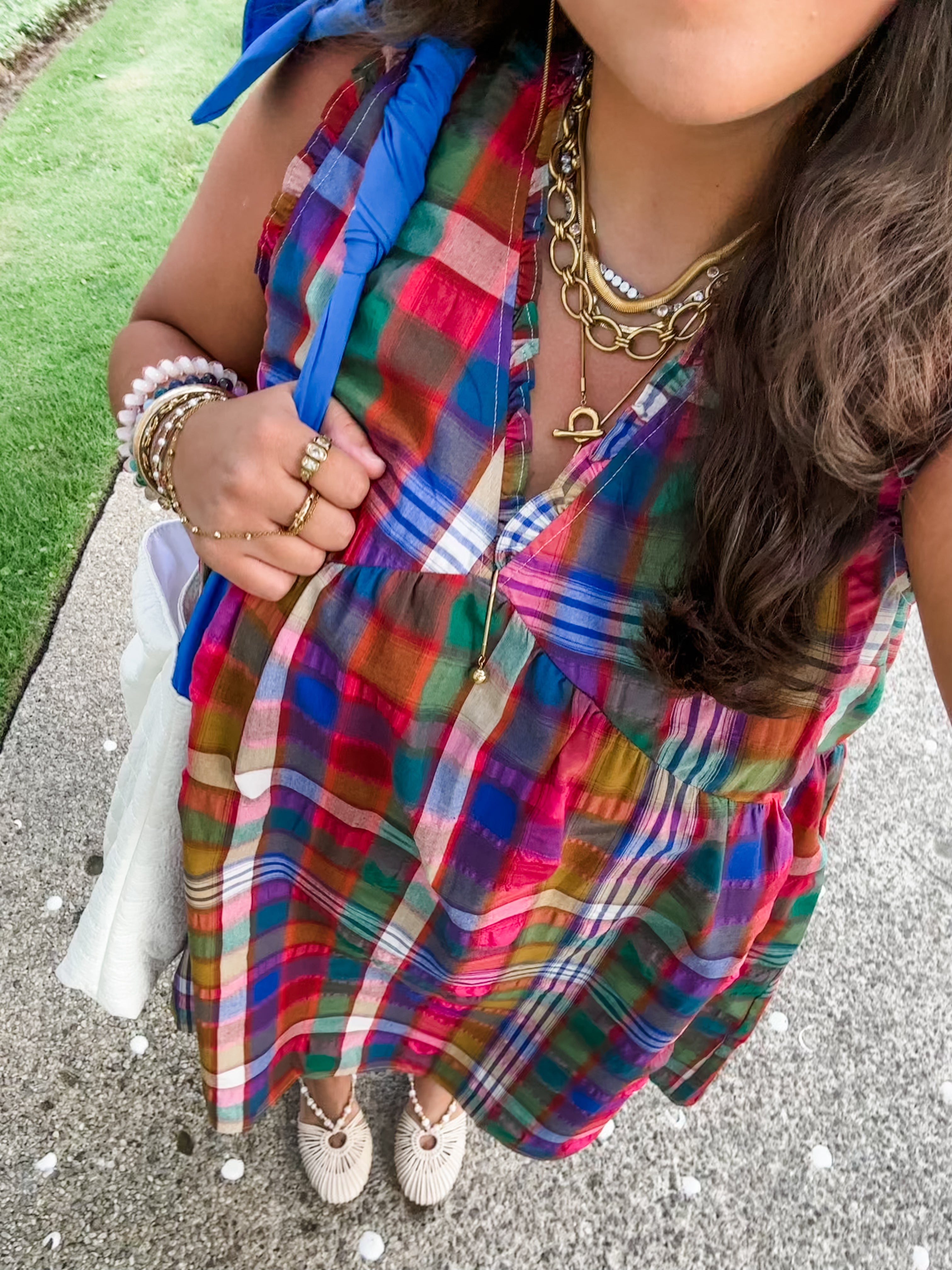 Multicolor Plaid V-Neck Babydoll Dress