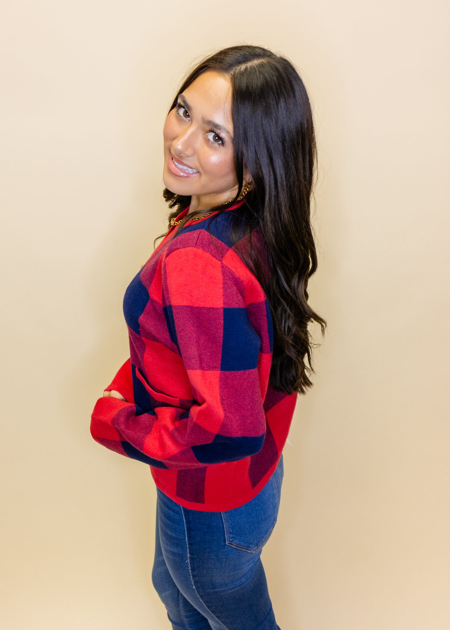 Red & Blue Checkered Cardigan