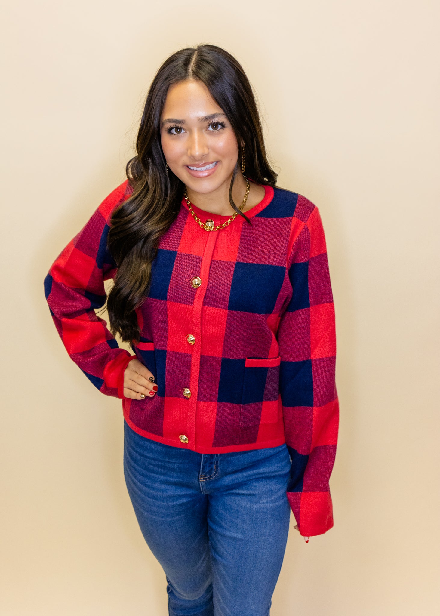 Red & Blue Checkered Cardigan