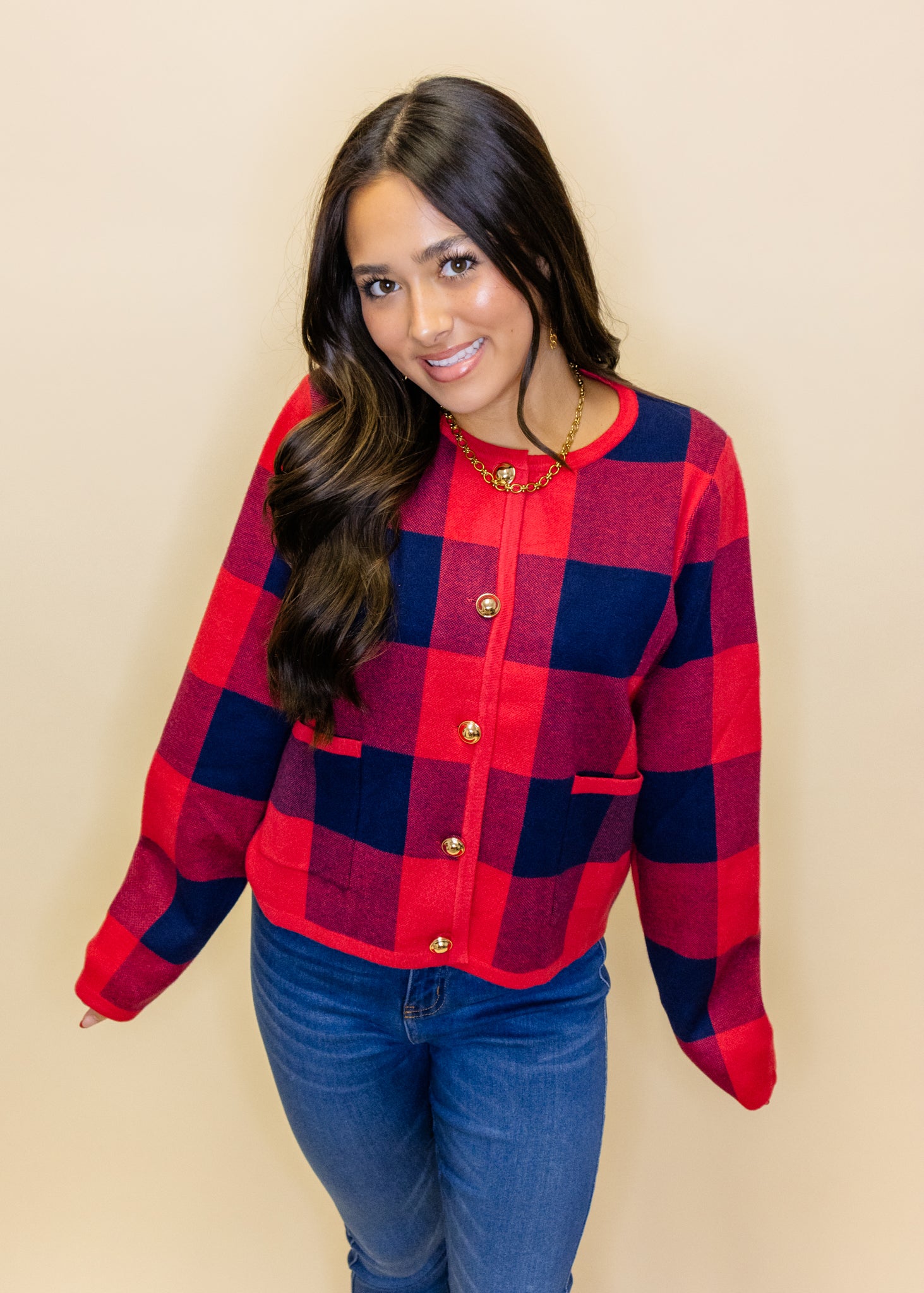 Red & Blue Checkered Cardigan