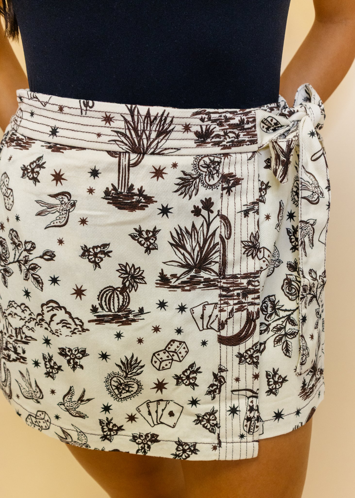 Ecru Western Print Wrap Skort