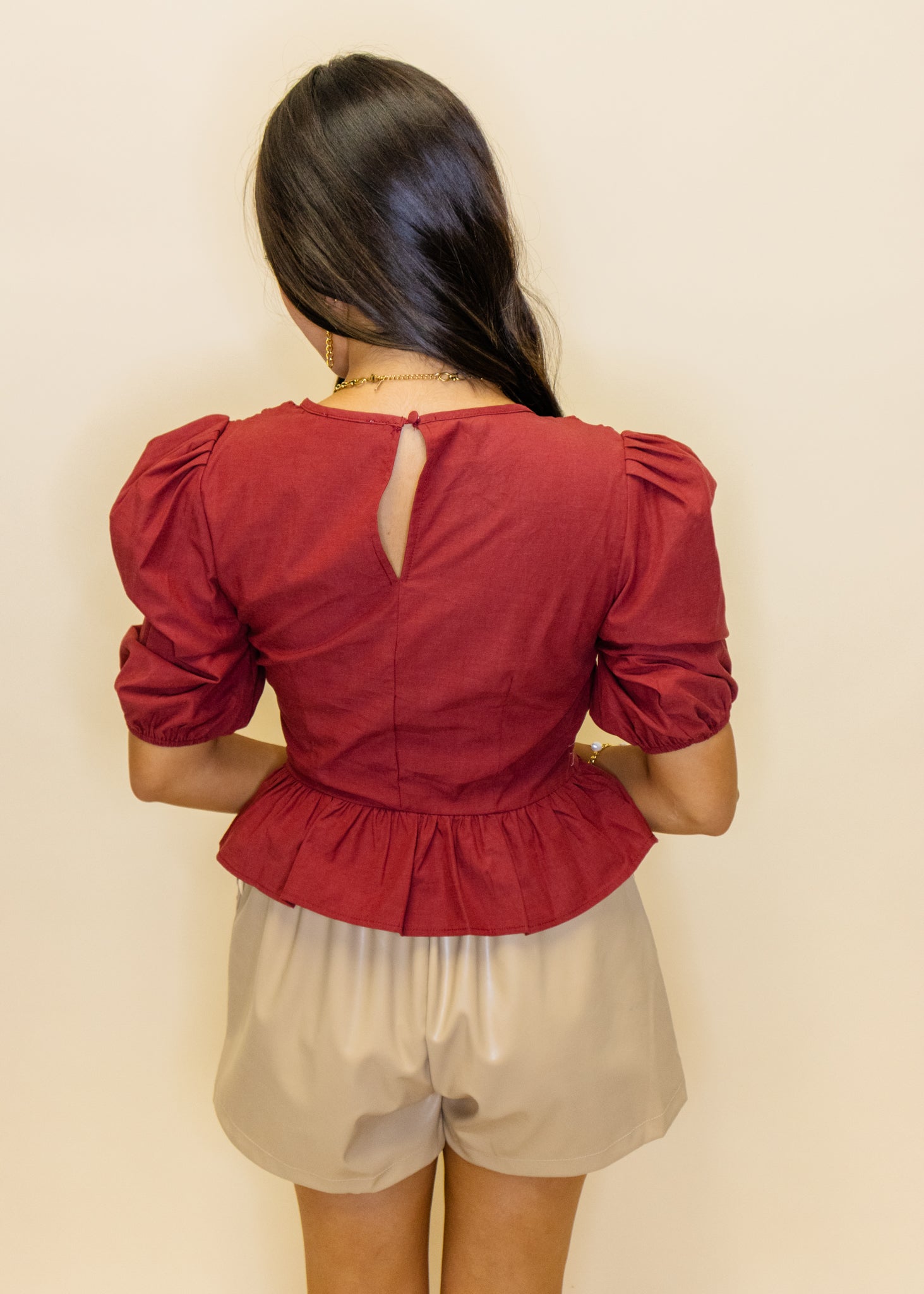 Burgundy Horizontal Ruched Peplum Top