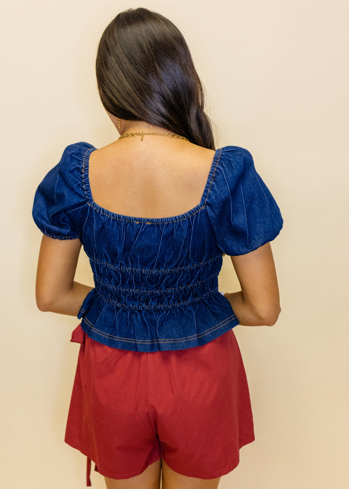 Denim Smocked Crop Peplum Top