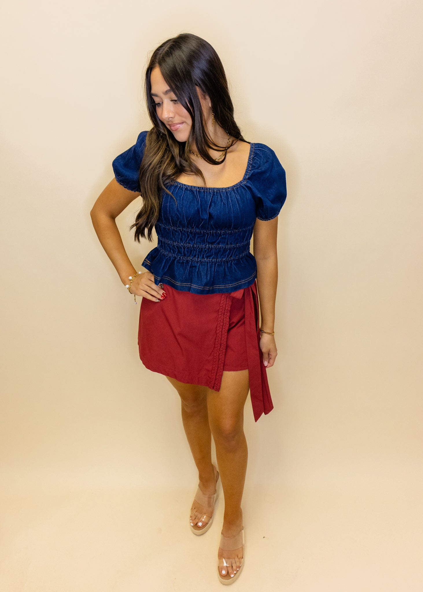 Denim Smocked Crop Peplum Top
