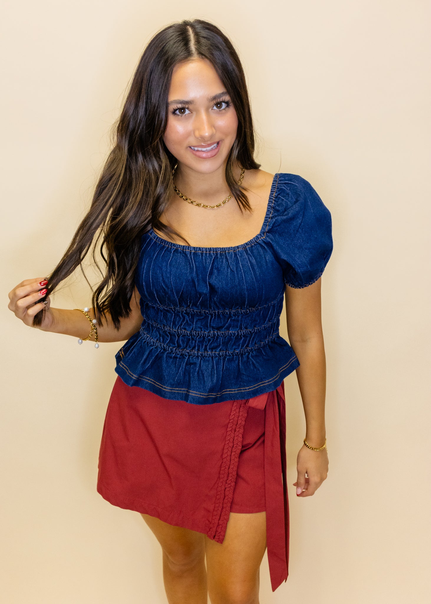 Denim Smocked Crop Peplum Top